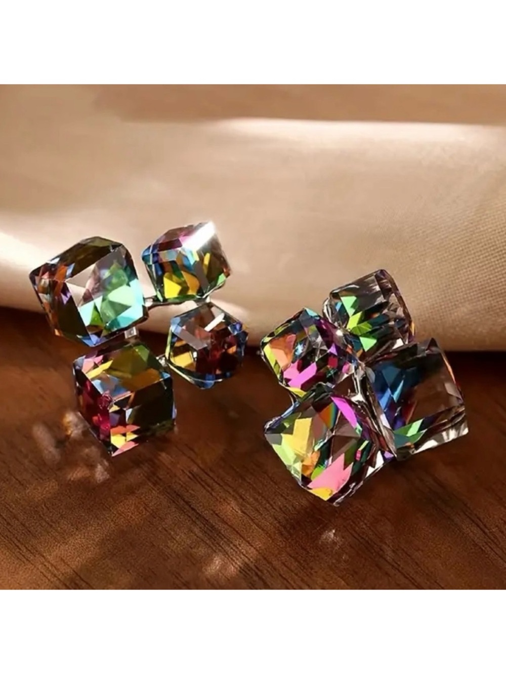Iridescent Crystal Statement Earrings Geometric Square Drop Multicolor Sparkle